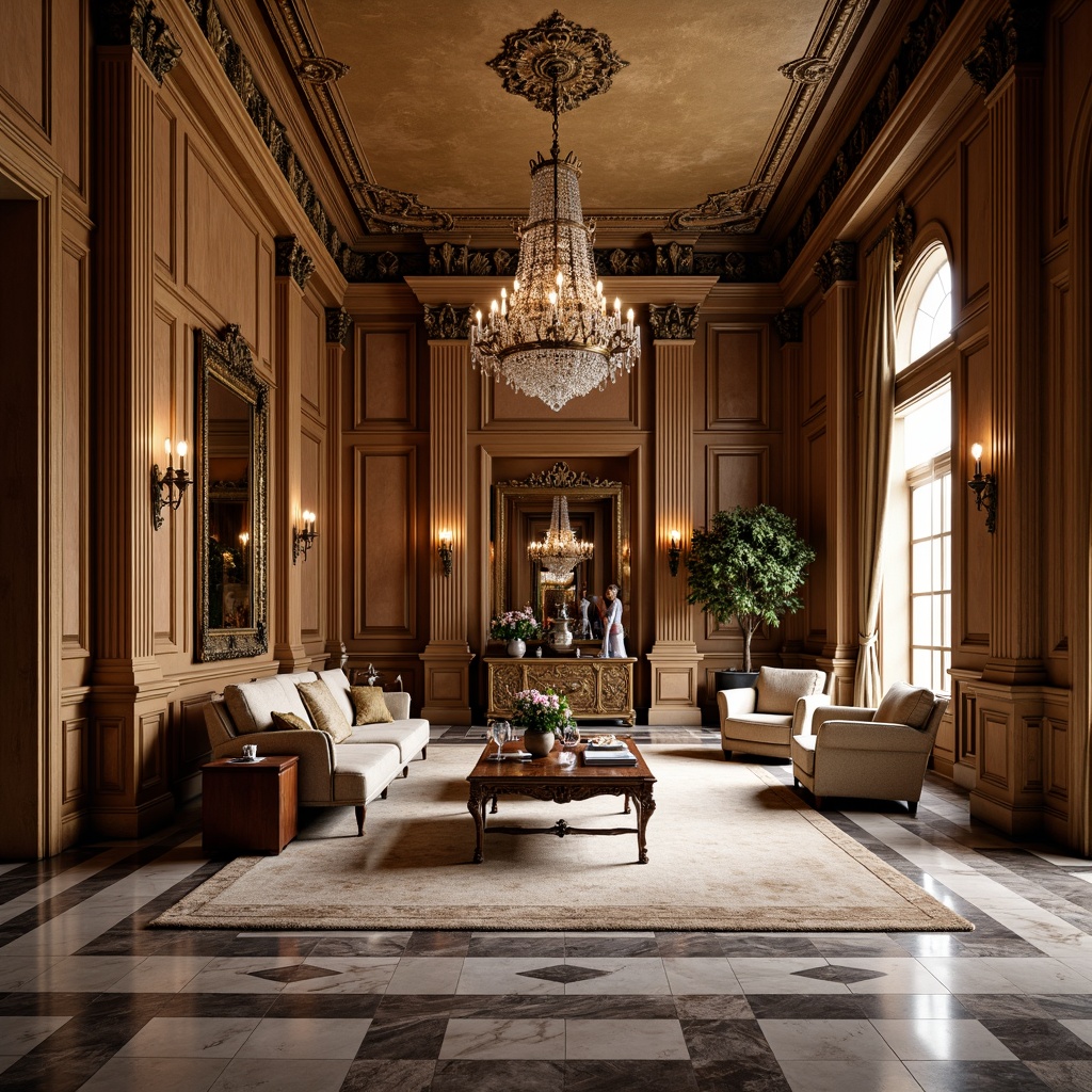 Prompt: Elegant mansion, ornate moldings, rich wood tones, polished marble floors, crystal chandeliers, luxurious fabrics, intricate patterns, gilded accents, soft warm lighting, shallow depth of field, 1/1 composition, symmetrical balance, ornate mirrors, carved wooden furnishings, velvet drapes, subtle color palette, muted gold tones, refined textures, ambient occlusion.