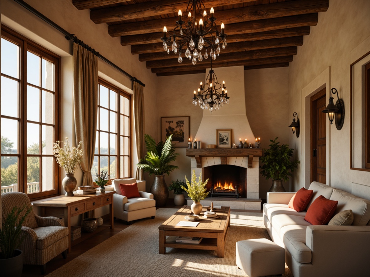 Prompt: Rustic French country interior, warm beige walls, distressed wood accents, soft golden lighting, ornate metal chandeliers, candles in mercury glass holders, natural linen drapes, vintage decorative fixtures, elegant crystal drops, warm earthy tones, cozy reading nooks, plush velvet armchairs, rustic wooden beams, stone fireplaces, soft warm glow, subtle shadows, 1/1 composition, shallow depth of field, realistic textures, ambient occlusion.