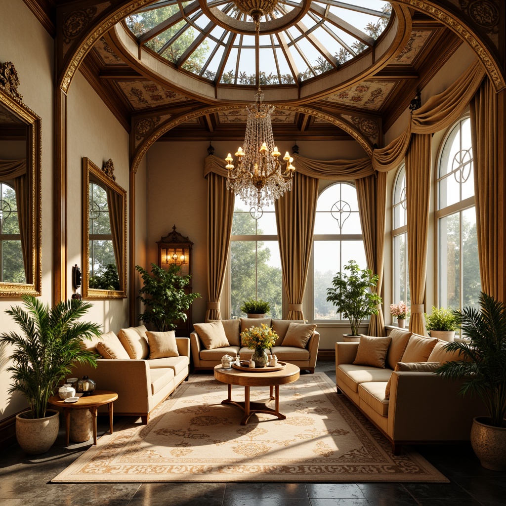 Prompt: Ornate sunroom, lavish furnishings, golden chandeliers, crystal drops, intricate metalwork, warm beige walls, rich velvet drapes, ornamental mirrors, gilded frames, luxurious rugs, natural stone floors, grandiose archways, high ceilings, abundant daylight, soft warm glow, subtle shadows, 1/1 composition, realistic reflections, ambient occlusion, dramatic lighting effects.