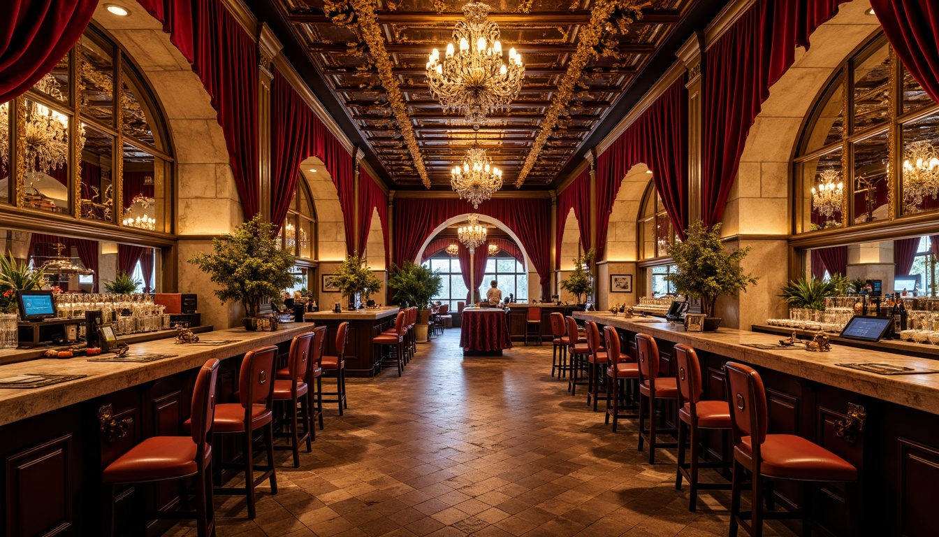 Prompt: Luxurious pub interior, rich velvet drapes, ornate gold leaf accents, intricately carved wooden furnishings, crystal chandeliers, lavish marble countertops, warm golden lighting, rustic stone walls, antique bronze fixtures, plush leather armchairs, ornamental mirrors, grandiose ceilings, dramatic archways, opulent fabrics, vibrant jewel-toned colors, 3/4 composition, low-key warm lighting, shallow depth of field, realistic textures, ambient occlusion.