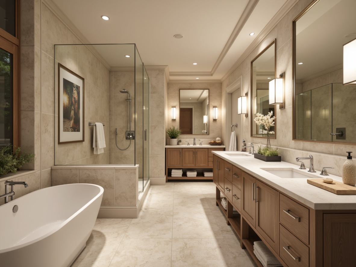 Prompt: Transitional bathroom, elegant lighting fixtures, polished chrome finishes, soft warm glow, ambient lighting, recessed ceiling lights, pendant lights over vanity, LED strip lights under cabinetry, frosted glass shades, brushed nickel accents, marble countertops, neutral color palette, spa-like atmosphere, wall-mounted faucets, large format tiles, freestanding tub, separate walk-in shower, rain showerhead, natural stone flooring, luxurious textiles, warm beige tones, sophisticated design elements.