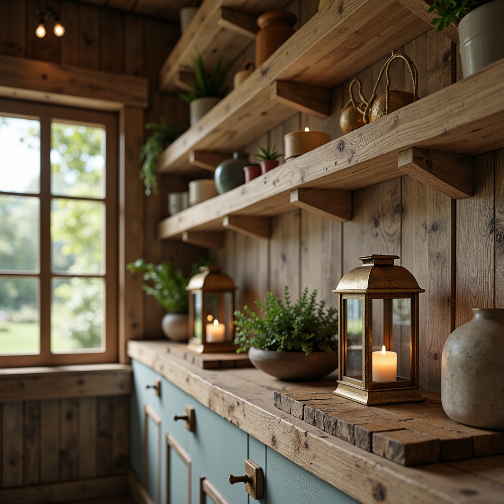 Prompt: Rustic wooden accents, earthy tones, warm beige, rich brown, soft sage, muted blue, distressed finishes, natural textures, vintage hardware, classic lanterns, cozy atmosphere, warm lighting, shallow depth of field, 1/1 composition, realistic materials, ambient occlusion.