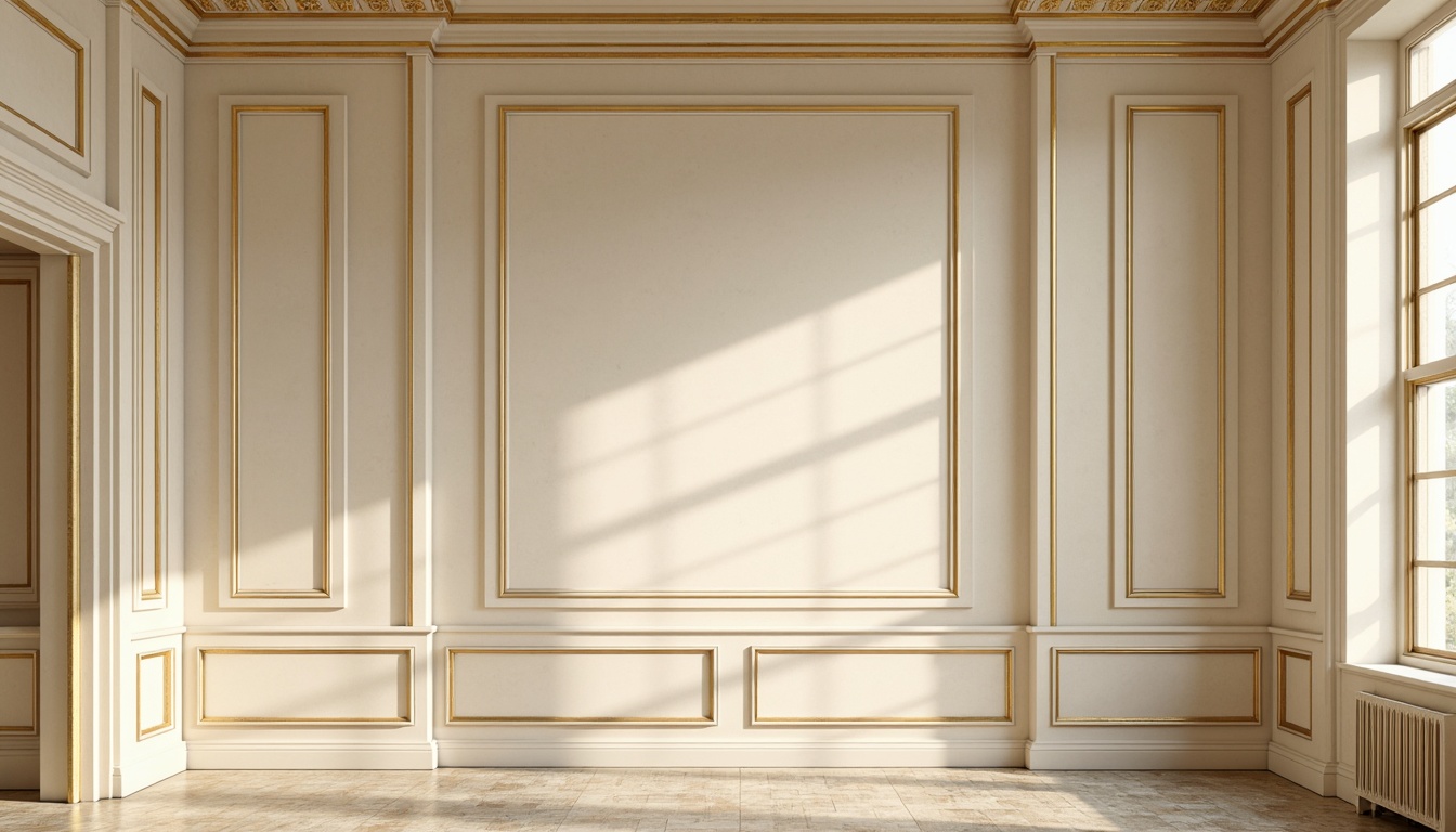 Prompt: Elegant neoclassical interior, cream-colored walls, ornate moldings, gold leaf accents, subtle texture, soft warm lighting, classic paneling, wainscoting, decorative trim, carved wooden details, subtle sheen finish, rich wood tones, formal atmosphere, symmetrical composition, 1/1 ratio framing, realistic textures, ambient occlusion.