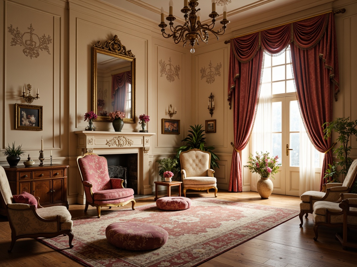 Prompt: Luxurious Rococo interior, soft golden lighting, creamy whites, rich jewel tones, velvety reds, lavish purples, ornate gold accents, intricate carvings, delicate florals, subtle pastels, whimsical patterns, opulent fabrics, majestic drapery, antique furnishings, elegant chandeliers, warm beige walls, distressed wood floors, vintage accessories, romantic ambiance, dreamy atmosphere, soft focus, shallow depth of field.