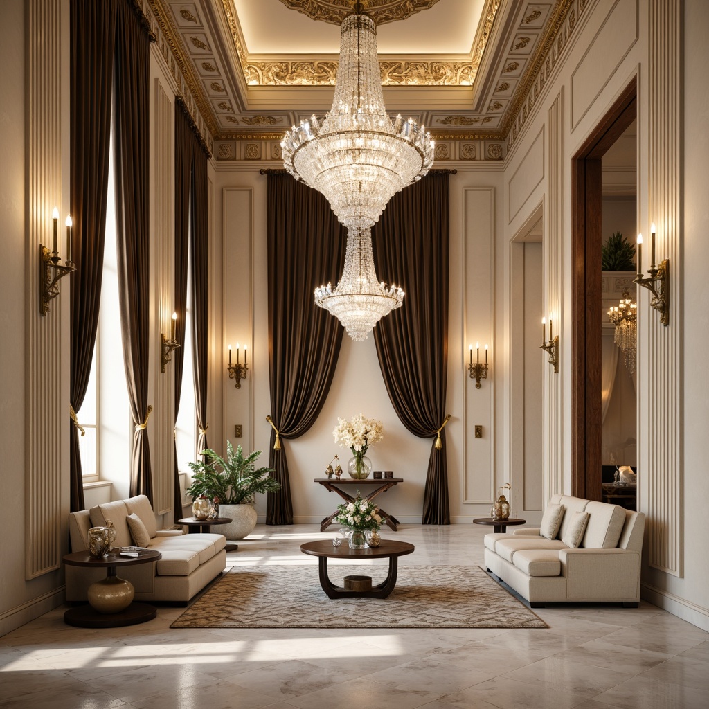 Prompt: Elegant crystal chandeliers, ornate bronze sconces, luxurious velvet drapes, richly patterned marble floors, intricately carved wooden paneling, refined gilded accents, sophisticated cream-colored walls, lavish silk upholstery, majestic columnar architecture, opulent crystal prisms, soft warm glow, subtle shadows, 1/1 composition, symmetrical arrangement, realistic reflections, ambient occlusion.