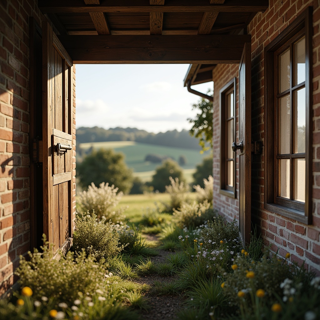 Prompt: Rustic farmhouse, vintage wooden shutters, distressed window frames, decorative metal hinges, mullioned windows, soft natural light, warm cozy atmosphere, countryside views, rolling hills, green pastures, wildflowers, weathered brick walls, pitched roofs, wooden beams, natural stone foundations, earthy tones, muted color palette, soft focus, shallow depth of field, 1/1 composition, realistic textures, ambient occlusion.