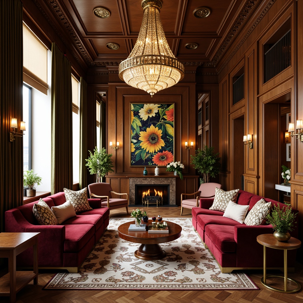 Prompt: Luxurious living room, opulent velvet sofas, ornate metal frames, geometric patterned rugs, rich wooden coffee tables, glamorous crystal chandeliers, metallic accents, bold colorful artwork, curved lines, symmetrical compositions, high-gloss finishes, intricate inlays, exotic wood veneers, lavish textiles, sophisticated ambient lighting, warm golden tones, 3/4 composition, realistic reflections, dramatic shading.