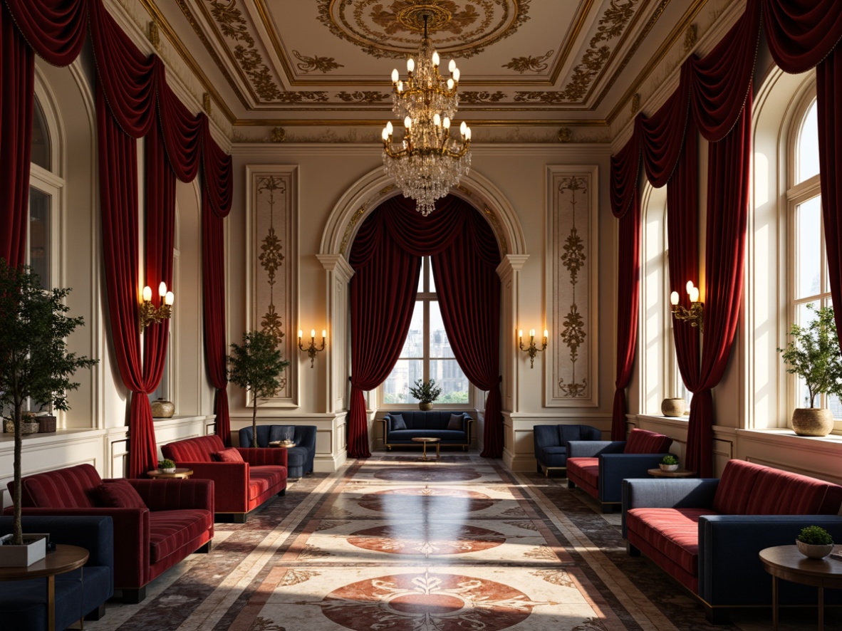 Prompt: Luxurious Baroque interior, rich velvet drapes, ornate gold leaf patterns, intricate marble floors, warm candlelight, lavish furnishings, plush crimson sofas, regal navy blue accents, opulent crystal chandeliers, soft cream walls, lavish bronze details, subtle texture overlays, dramatic high ceilings, grandiose archways, mysterious shadows, atmospheric lighting, 1/2 composition, warm color harmony, realistic reflections.