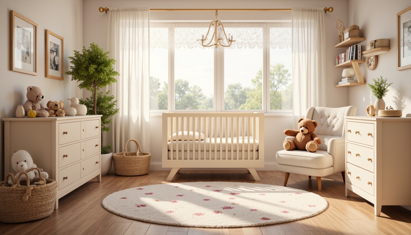 Prompt: Whimsical baby nursery, soft pastel colors, delicate florals, gentle teddy bears, plush area rugs, creamy white furniture, ornate crib, lace curtains, warm golden lighting, shallow depth of field, 1/1 composition, realistic textures, ambient occlusion.