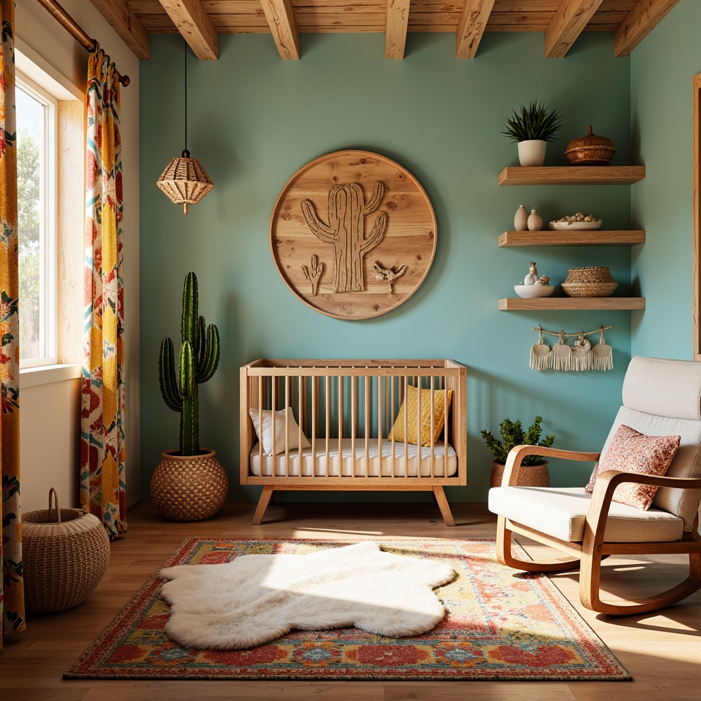 Prompt: Vibrant southwestern nursery, cactus-inspired crib, turquoise and sandy beige color scheme, woven wicker furniture, rattan rocking chair, plush sheepskin rug, Aztec-patterned textiles, wooden wall art with Native American motifs, warm sunny lighting, 1/1 composition, soft focus, cozy atmosphere, natural wood accents, earthy tone walls, tribal-printed curtains, geometric-shaped mobiles, colorful woven baskets.