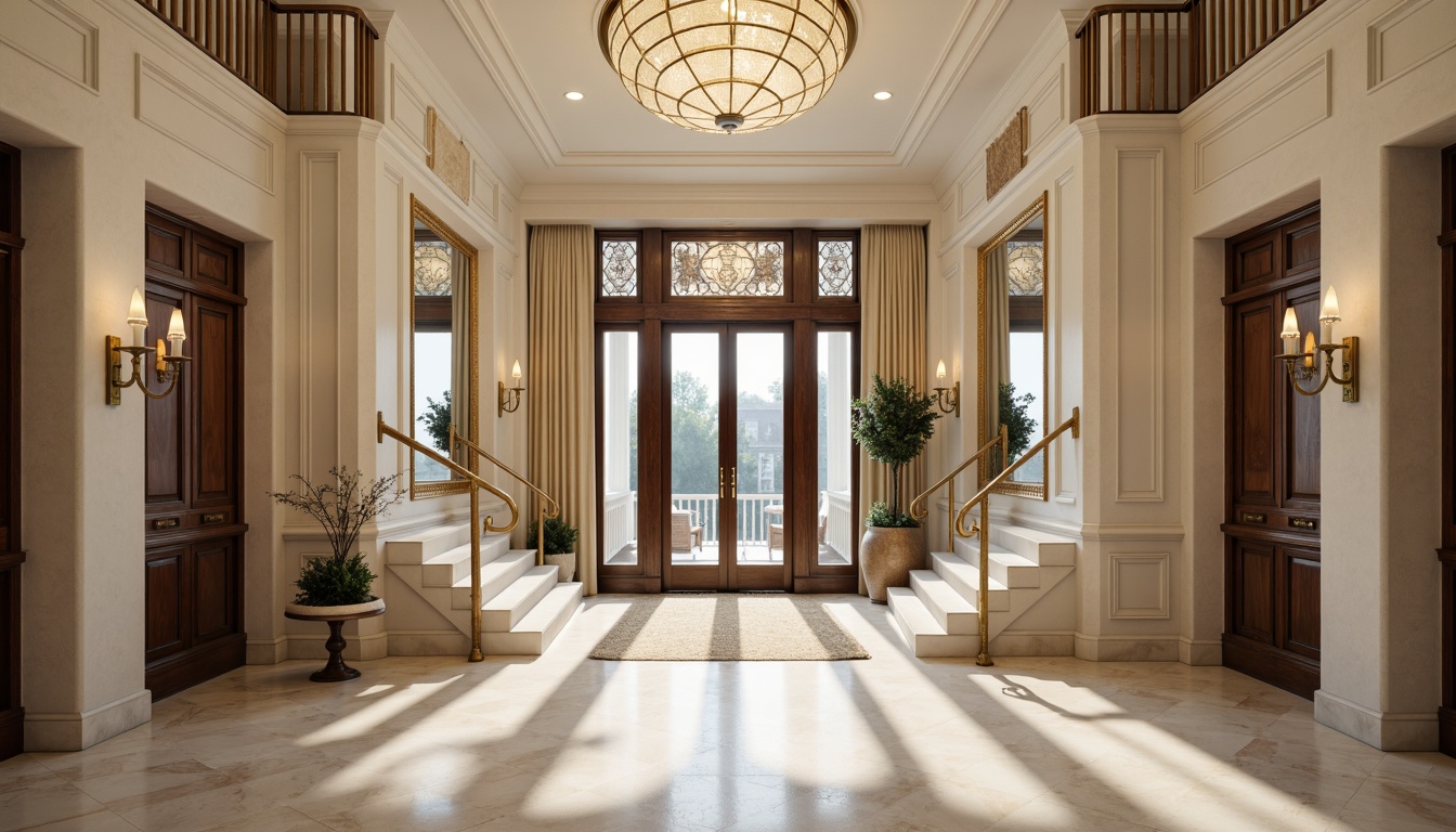 Prompt: Grand entrance, luxurious chandelier, polished marble floors, ornate wooden doors, sophisticated neutral tones, creamy whites, rich gold accents, deep charcoal grays, soft beige hues, subtle cream textures, warm ambient lighting, shallow depth of field, 1/1 composition, realistic reflections, detailed architectural details.