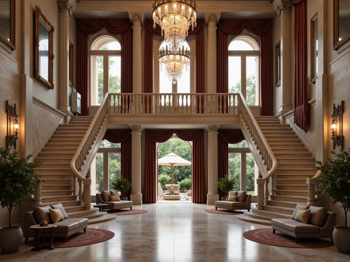 Prompt: Elegant villa, neoclassical facade, ornate columns, carved stonework, grand entrance, sweeping staircases, crystal chandeliers, marble flooring, opulent furnishings, velvet drapes, gilded frames, refined color palette, subtle textures, warm ambient lighting, shallow depth of field, 1/1 composition, symmetrical view, realistic reflections, soft focus effect.