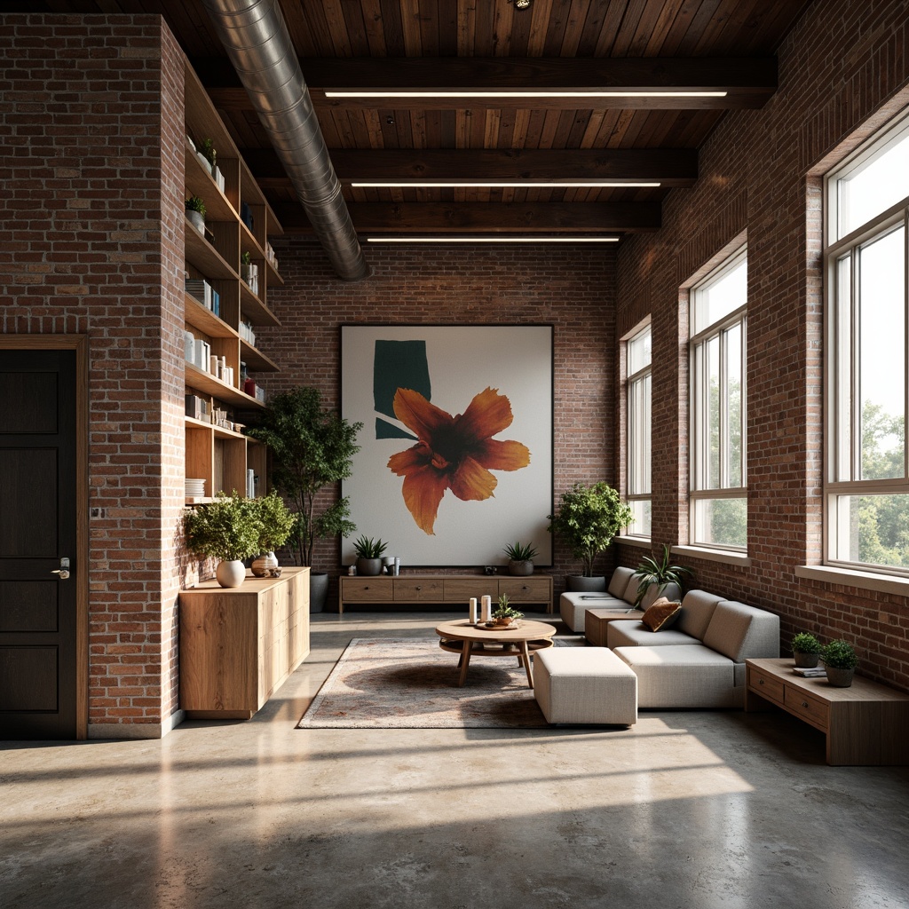 Prompt: Exposed brick walls, industrial metal accents, polished concrete floors, modern LED lighting, sleek storage systems, minimalist decor, neutral color palette, urban loft vibes, reclaimed wood elements, distressed finishes, abstract art pieces, floor-to-ceiling windows, natural textiles, soft warm ambiance, shallow depth of field, 3/4 composition, panoramic view, realistic textures, ambient occlusion.