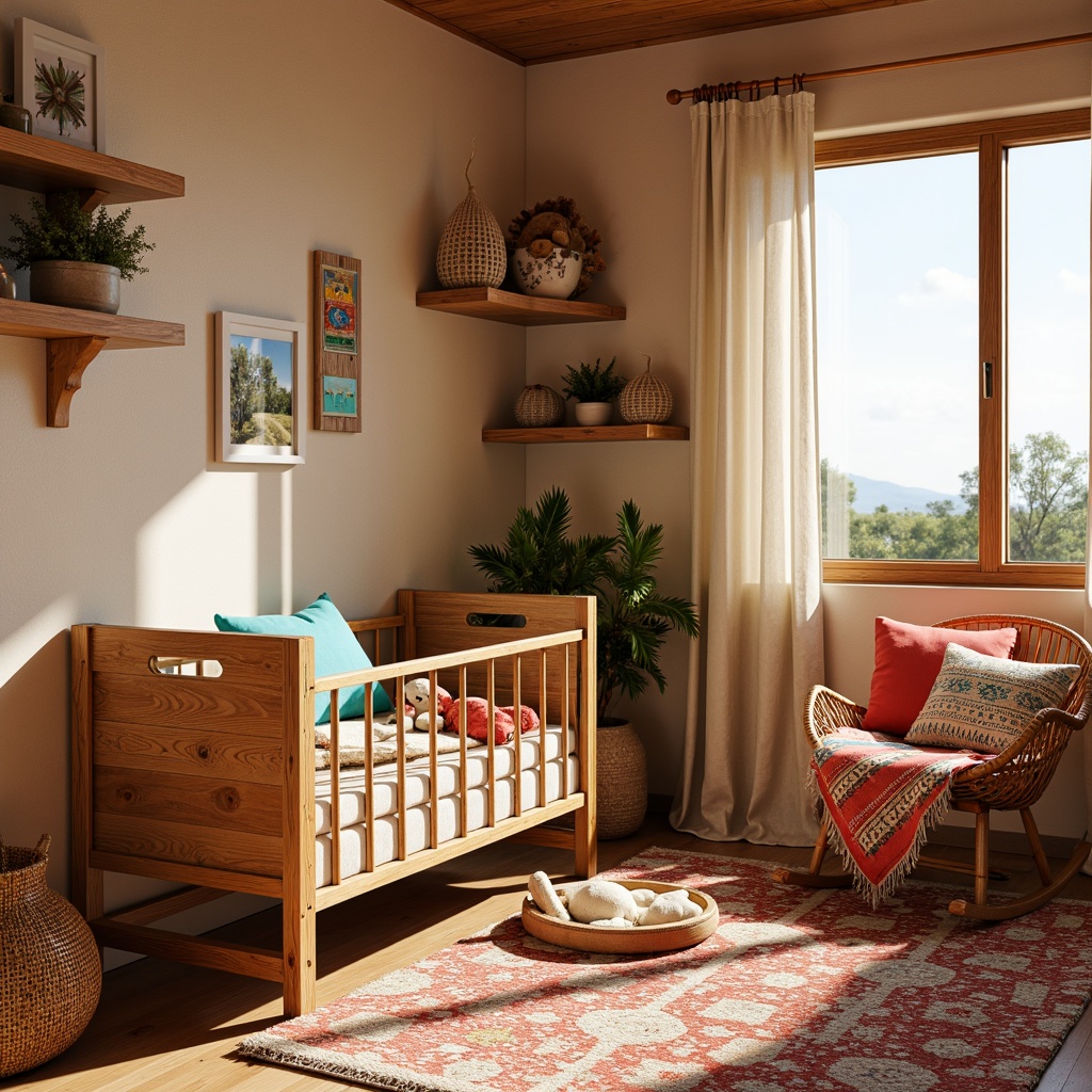 Prompt: Vibrant southwestern baby room, colorful woven baskets, soft plush toys, natural wood crib, rattan rocking chair, turquoise accents, warm beige walls, rustic wooden shelves, vintage Native American-inspired textiles, geometric patterned blankets, bright coral pillows, creamy white drapes, sunny afternoon light, shallow depth of field, 1/1 composition, realistic textures, ambient occlusion.