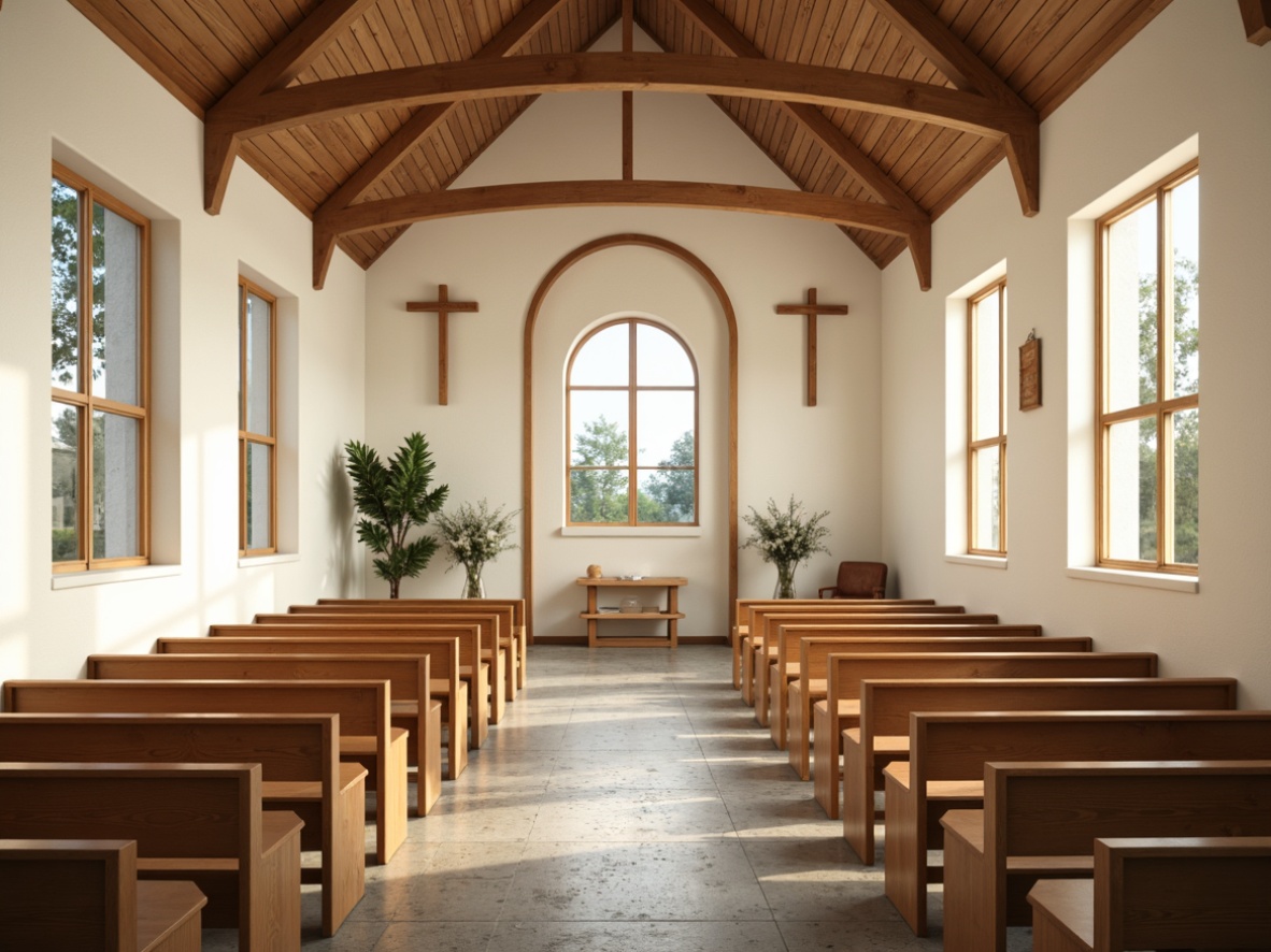 Prompt: Light-filled Scandinavian chapel, serene wooden pews, creamy white walls, soft golden lighting, minimal ornamentation, natural stone floors, Nordic-inspired wooden accents, subtle crucifixes, gentle stained glass windows, calming blue hues, earthy brown tones, airy vaulted ceilings, rustic wooden beams, peaceful ambiance, warm candlelight, shallow depth of field, 1/2 composition, realistic textures, ambient occlusion.