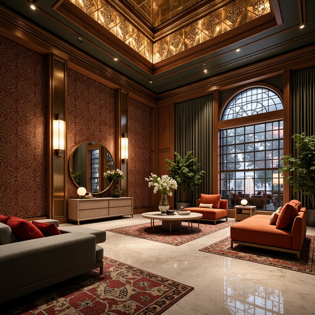 Prompt: Luxurious art deco interior, ornate geometric patterns, metallic accents, lavish furnishings, bold color schemes, opulent textures, intricate moldings, glamorous lighting fixtures, luxurious fabrics, velvet drapes, marble flooring, statement walls, 3D geometric shapes, futuristic materials, iridescent colors, high-gloss finishes, dramatic shadows, low-angle lighting, cinematic composition, detailed ornaments.