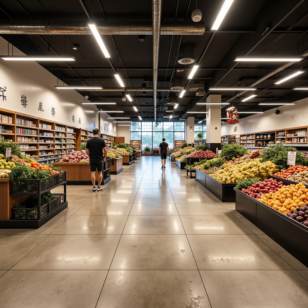 Prompt: Commercial-grade flooring, polished concrete, epoxy coatings, non-slip surfaces, high-traffic durability, easy maintenance, stain resistance, ceramic tiles, industrial-style architecture, modern grocery store design, fluorescent lighting, shelving units, shopping carts, produce stands, checkout counters, bustling atmosphere, warm color tones, ambient noise reduction.