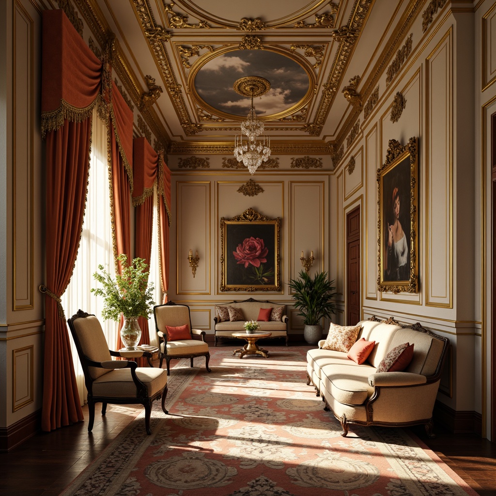 Prompt: Luxurious Rococo palace, ornate golden frames, velvet drapes, intricately patterned silk fabrics, delicate lace trimmings, soft pastel color palette, lavish furnishings, carved wooden accents, crystal chandeliers, opulent throne-like chairs, richly textured upholstery, Baroque-inspired patterns, intricate florals, curved lines, dramatic lighting, shallow depth of field, 1/2 composition, warm golden hour, soft focus, realistic textures.