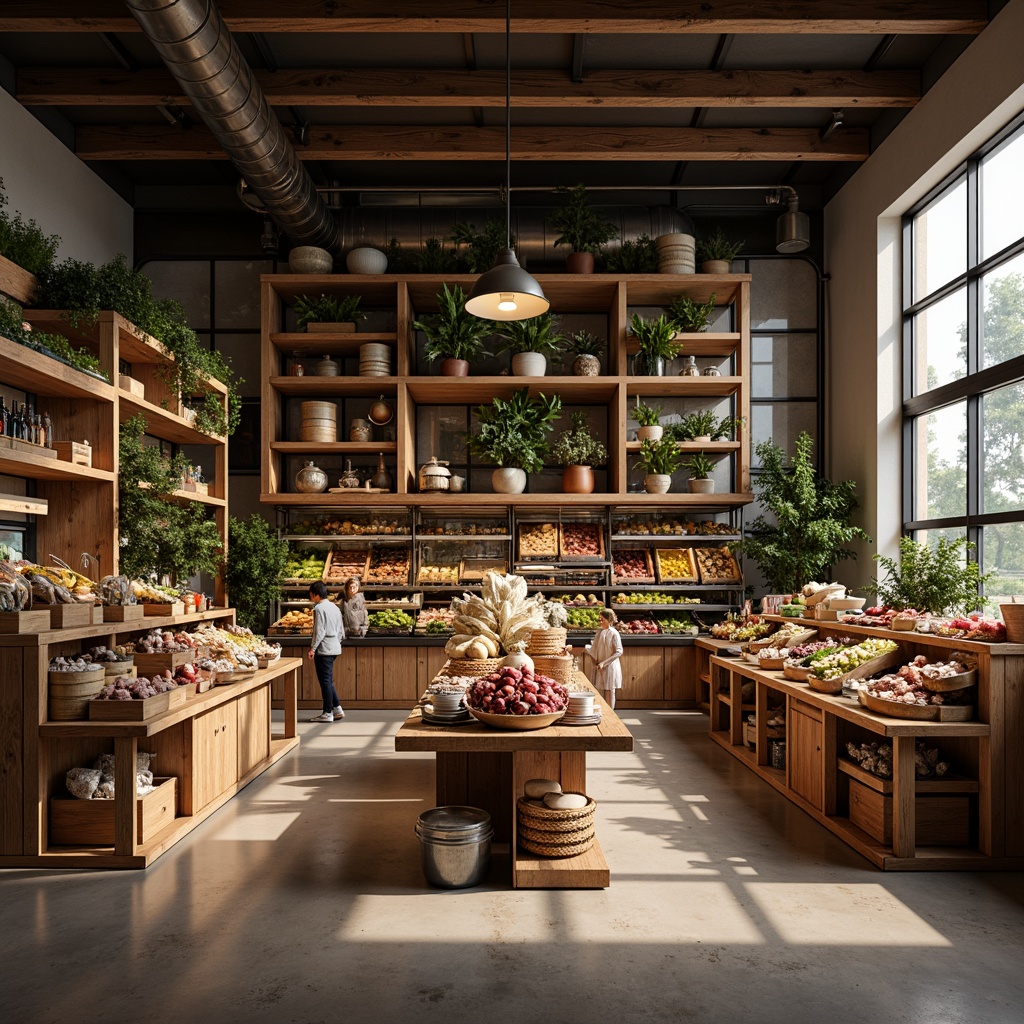 Prompt: Elegant grocery store interior, wooden shelving units, industrial metal frames, rustic wooden crates, artisanal food displays, fresh produce stands, gourmet product arrangements, earthy color palette, warm ambient lighting, shallow depth of field, 1/1 composition, realistic textures, ambient occlusion.