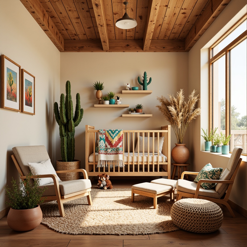 Prompt: Vibrant southwestern nursery, soft pastel colors, warm beige walls, cactus-inspired wallpaper, woven Navajo-patterned rug, plush toys, crib with rustic wooden accents, colorful Aztec-printed textiles, fringed throw blankets, natural linen fabrics, earthy terracotta pots, potted succulents, warm golden lighting, shallow depth of field, 1/1 composition, cozy reading nook, comfortable glider rocker, rustic wooden shelves, woven basket storage, vibrant turquoise accents, sunny day, soft warm lighting.