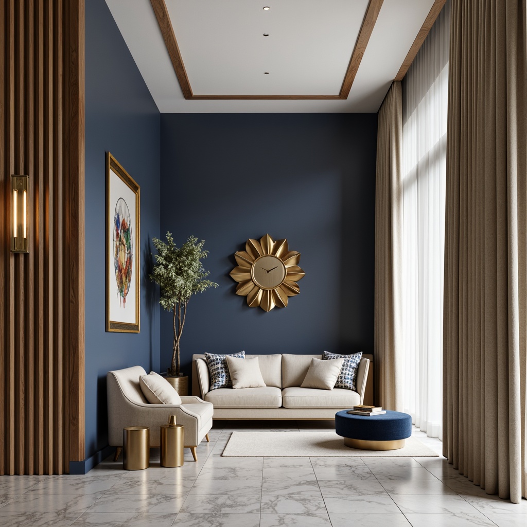 Prompt: Navy blue accents, soft cream walls, warm beige furniture, rich wood textures, elegant gold decorations, sophisticated marble floors, luxurious velvet drapes, subtle linen patterns, serene natural light, shallow depth of field, 2/3 composition, atmospheric perspective, realistic reflections, ambient occlusion.