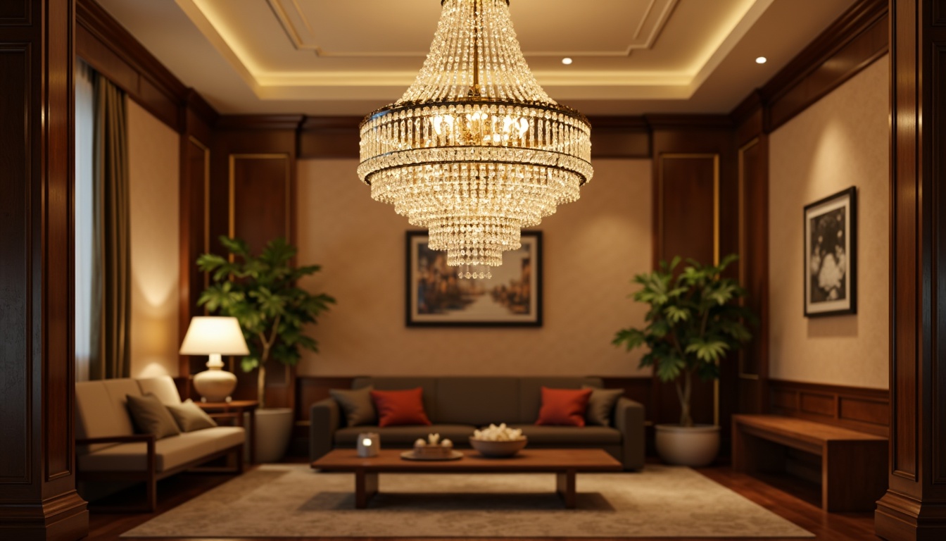 Prompt: Luxurious chandelier, crystal drops, ornate metalwork, dimmable LED lights, warm beige walls, rich wood flooring, lavish furnishings, velvet drapes, golden accents, soft warm glow, ambient illumination, 1/1 composition, shallow depth of field, realistic textures, subtle shadowing.