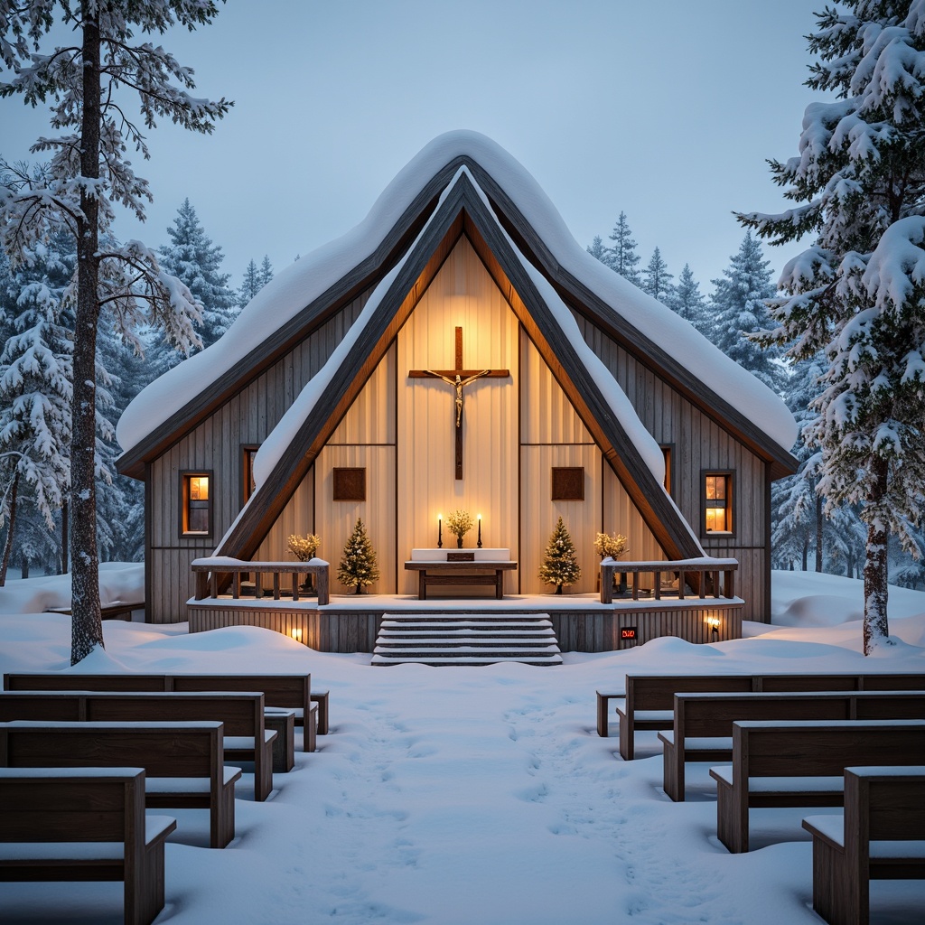 Prompt: Snowy Norwegian landscape, wooden Lutheran church, rustic stone walls, white-washed facades, pitched roofs, wooden crucifixes, candlelit interiors, warm golden lighting, minimalist decor, simple wooden pews, cream-colored walls, soft blue accents, earthy tones, natural textiles, hand-carved wooden details, stained glass windows, serene atmosphere, shallow depth of field, 3/4 composition, panoramic view, realistic textures, ambient occlusion.Let me know if this meets your requirements!