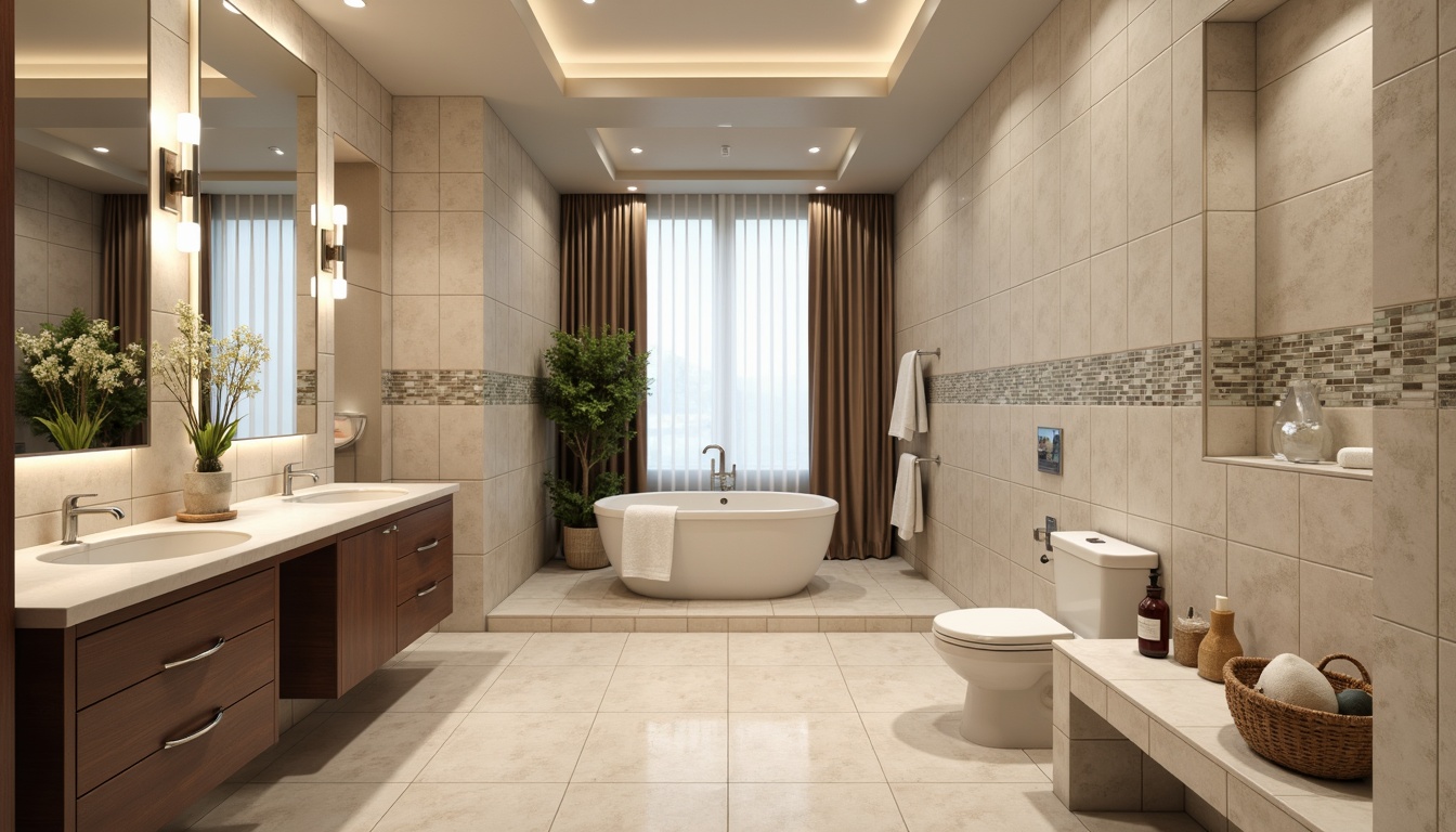 Prompt: Elegant bathroom, transitional style, neutral color palette, rectangular tiles, glass mosaic accents, chrome fixtures, freestanding tub, LED lighting, warm beige walls, creamy marble countertops, polished nickel hardware, luxurious fabrics, spa-inspired ambiance, soft focus, shallow depth of field, 1/2 composition, realistic textures, ambient occlusion.