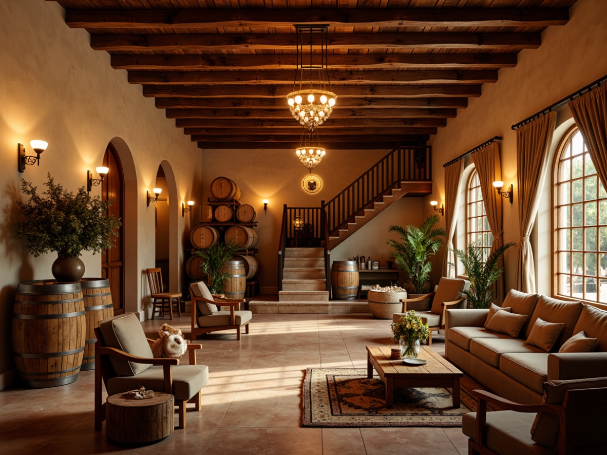 Prompt: Cozy winery interior, rustic wooden accents, warm earthy tones, soft golden lighting, dimmable pendant lamps, recessed ceiling lights, ambient floor lamps, vintage wine barrels, wooden crates, stone walls, arched doorways, curved staircases, elegant chandeliers, rich wood furnishings, plush velvet sofas, warm beige curtains, natural textiles, inviting atmosphere, afternoon warm light, soft shadows, 1/1 composition, realistic reflections, detailed wood grain textures.