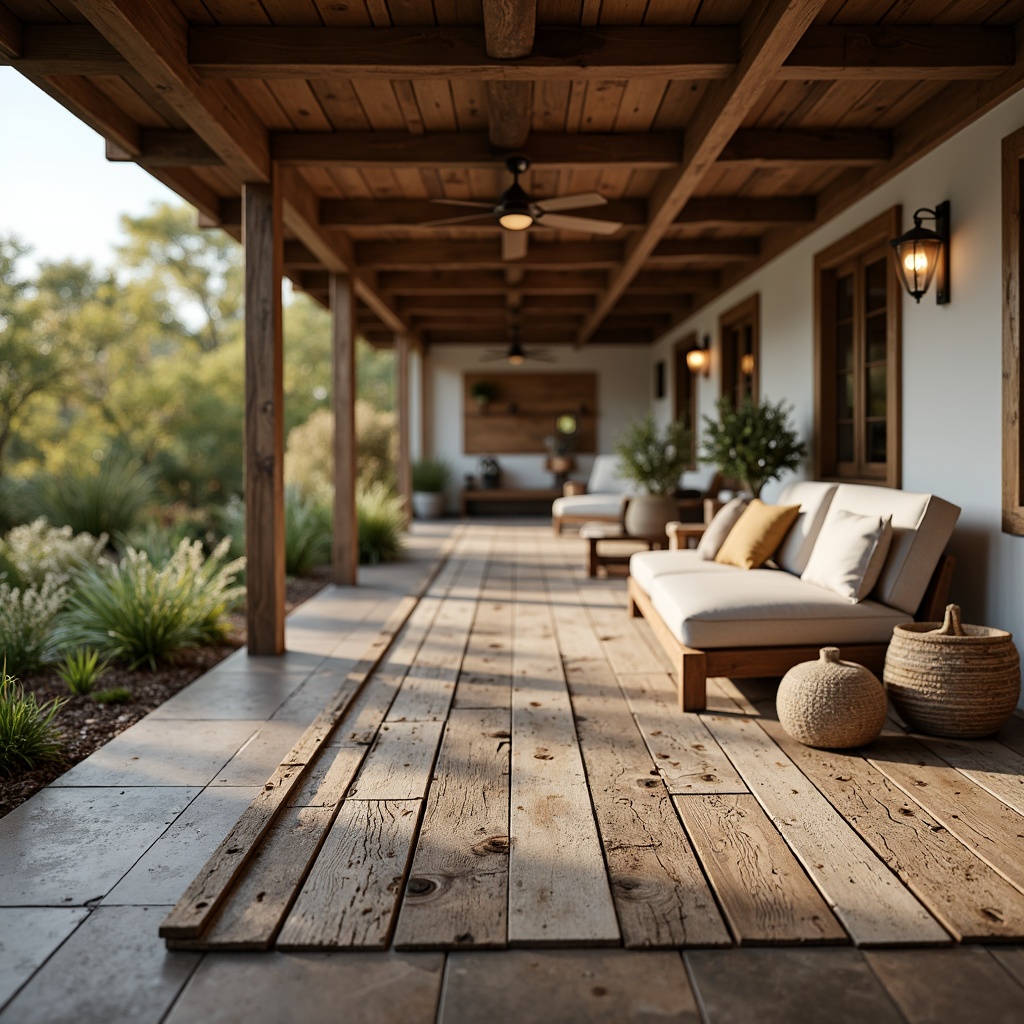 Prompt: Rustic farmhouse, distressed wood flooring, reclaimed barnwood planks, weathered stone tiles, vintage metal accents, earthy color palette, natural textures, wooden beam ceilings, country-chic decor, cozy living spaces, warm ambient lighting, shallow depth of field, 1/2 composition, soft focus effect, realistic renderings.