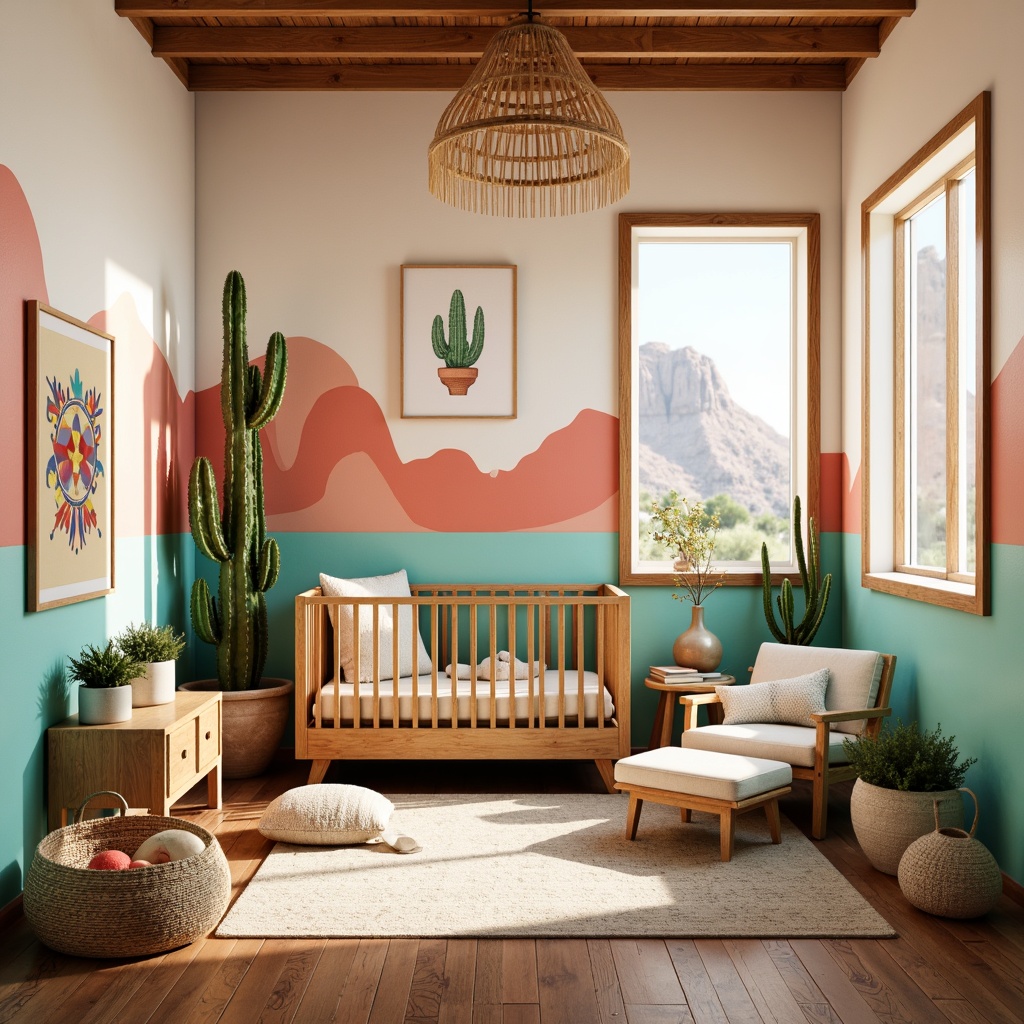 Prompt: Vibrant baby nursery, southwestern style, warm beige walls, turquoise accents, soft coral hues, creamy whites, natural wood furniture, woven textiles, geometric patterns, tribal-inspired decals, cactus plants, desert landscape views, sunny afternoon light, soft focus, shallow depth of field, 1/2 composition, realistic textures, ambient occlusion.Let me know if this meets your requirements!