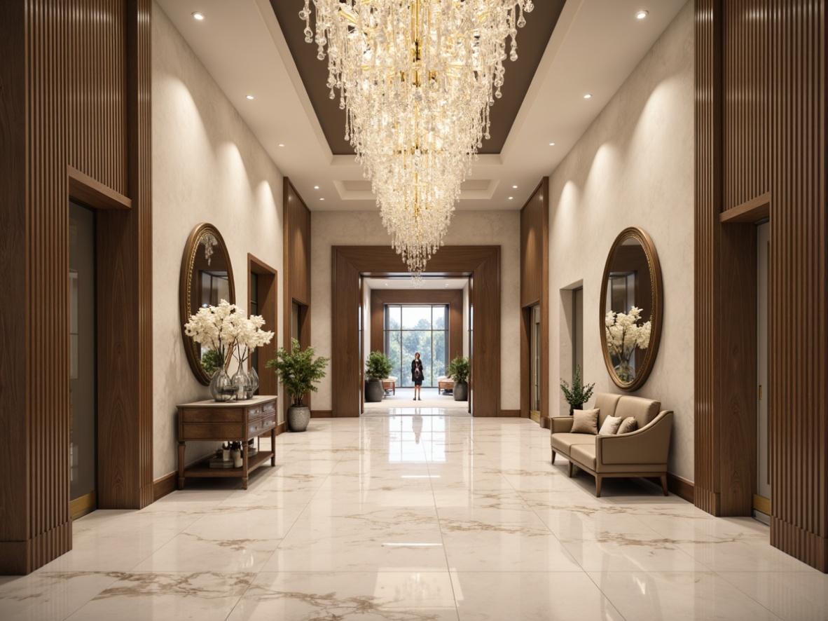 Prompt: Grand entrance, elegant foyer, luxurious chandelier, polished marble floors, sophisticated neutral tones, creamy whites, rich woods, metallic accents, ornate mirrors, plush furnishings, warm ambient lighting, shallow depth of field, 1/1 composition, soft focus, realistic textures.