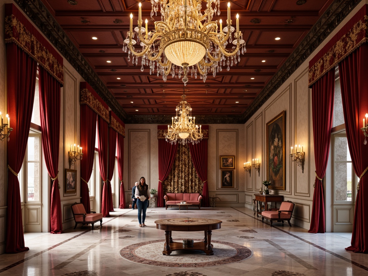 Prompt: Opulent velvet drapes, rich silk fabrics, intricate embroidered patterns, plush cushions, majestic golden accents, lavish crystal chandeliers, sumptuous marble floors, ornate wooden furnishings, soft warm lighting, 3/4 composition, panoramic view, realistic textures, ambient occlusion.