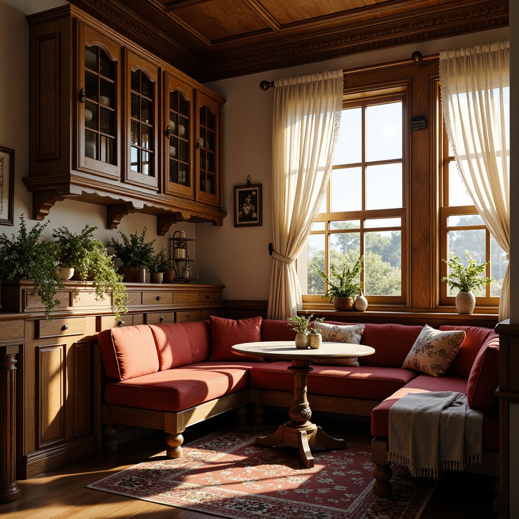 Prompt: Cozy breakfast nook, ornate wooden cabinetry, intricate carvings, warm golden lighting, plush velvet cushions, delicate lace curtains, rustic stone walls, vintage metal accents, floral patterned rugs, antique furniture pieces, distressed wood finishes, soft morning sunlight, shallow depth of field, 1/1 composition, warm color palette, inviting atmosphere.