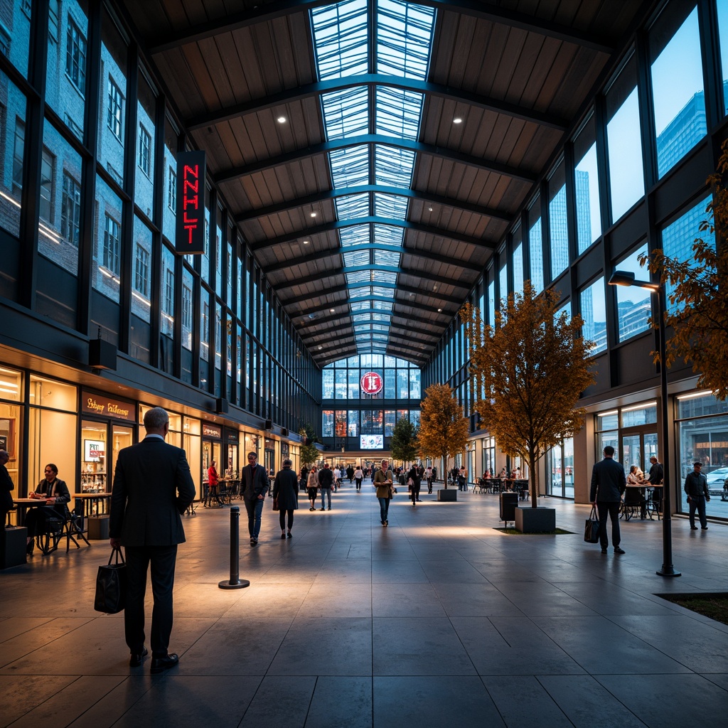 Prompt: Vibrant train station, modern architecture, high ceilings, large windows, sleek metal beams, polished granite floors, warm ambient lighting, soft glowing signage, LED strip lights, futuristic lamp posts, urban cityscape, bustling atmosphere, daytime natural light, evening blue hour, dramatic spotlighting, shallow depth of field, 1/2 composition, realistic reflections, ambient occlusion.