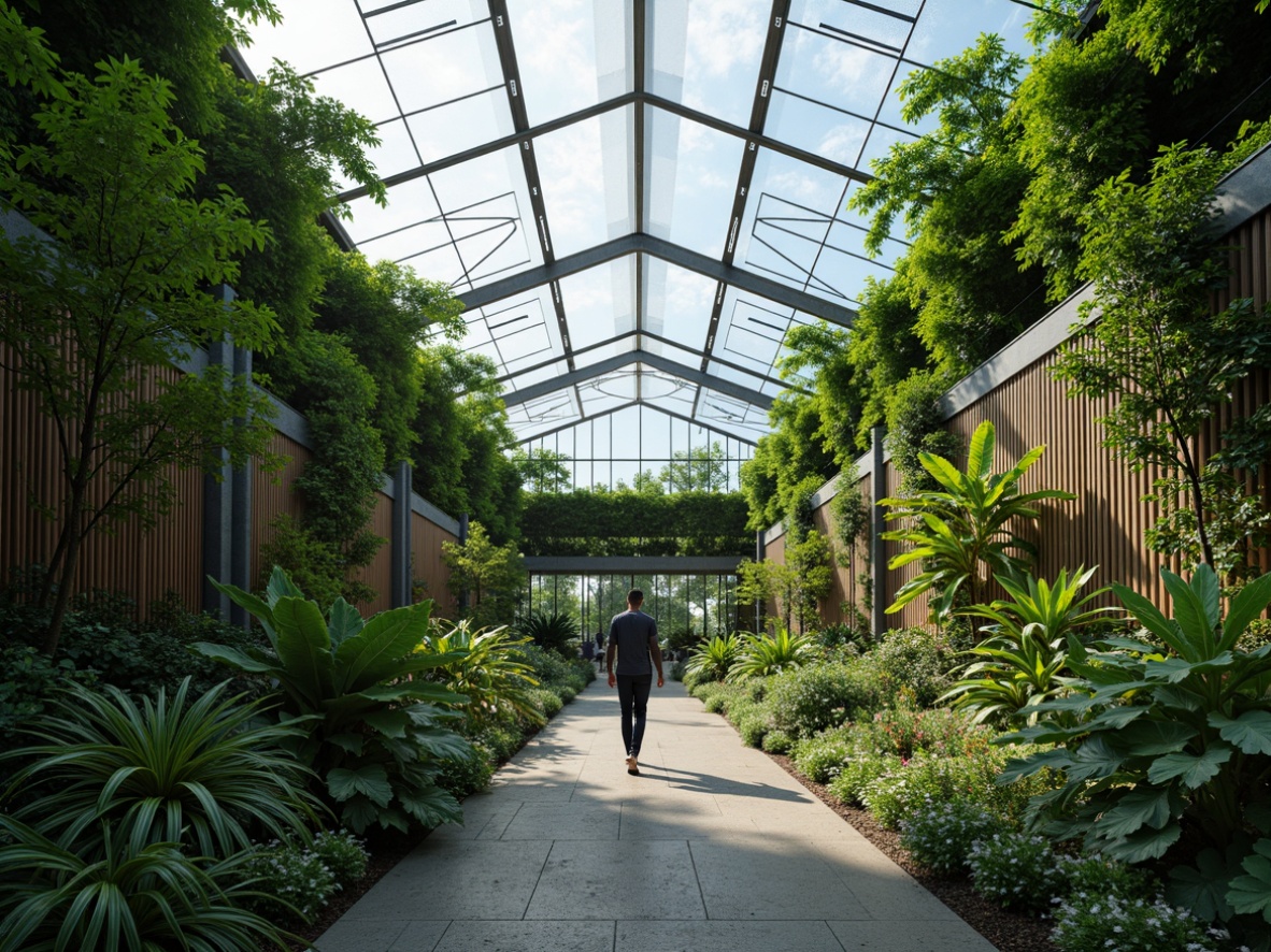 Prompt: Lush tropical plants, natural ventilation, abundant sunlight, transparent glass roofs, sleek metal frames, minimalist decor, industrial chic aesthetic, reclaimed wood accents, living walls, vertical gardens, airy atmosphere, soft diffused lighting, shallow depth of field, 1/1 composition, panoramic view, realistic textures, ambient occlusion.