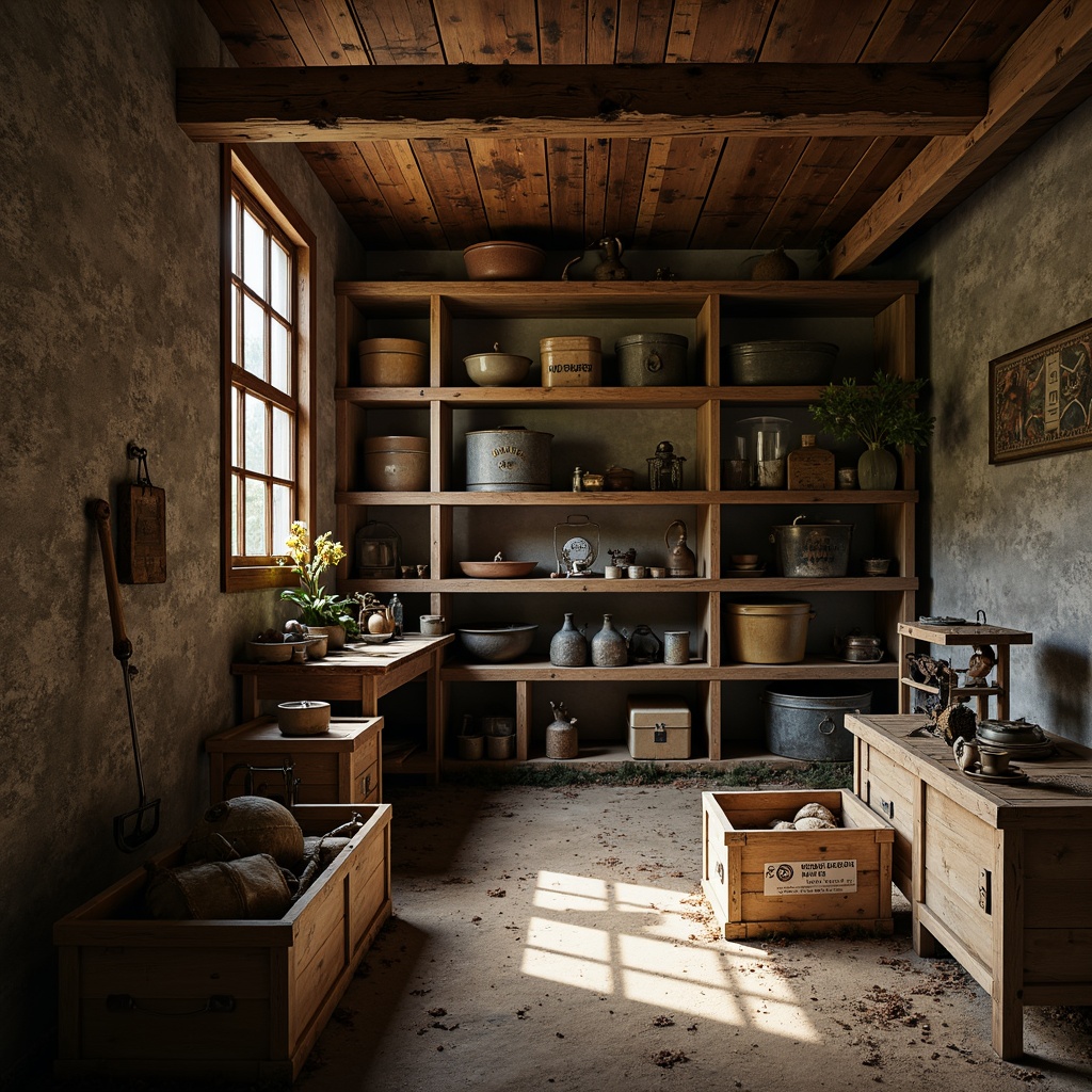 Prompt: Rustic storage room, distressed wooden crates, worn metal shelves, vintage industrial tools, faded labels, rough stone walls, earthy tones, muted color palette, warm soft lighting, shallow depth of field, 1/1 composition, cinematic framing, high contrast, film grain texture, expressionist brushstrokes, abstract shapes, bold geometric forms.