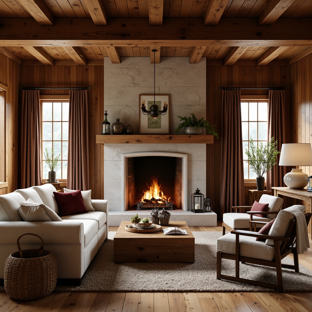 Prompt: Cozy family room, warm wooden accents, rich walnut wood paneling, comfortable plush furniture, earthy tone color scheme, natural stone fireplace, wooden beam ceiling, rustic wooden coffee table, woven wicker baskets, vintage metal lanterns, soft warm lighting, shallow depth of field, 1/2 composition, intimate atmosphere, realistic textures, ambient occlusion.