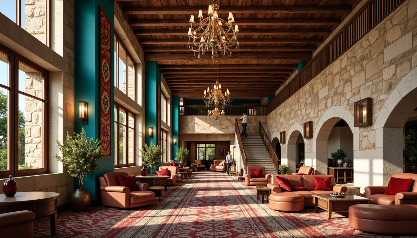 Prompt: Vibrant turquoise accents, bold red patterns, natural sandstone walls, rustic wooden beams, ornate metal fixtures, luxurious velvet fabrics, intricate Native American-inspired textiles, lavish chandeliers, grand staircases, expansive open spaces, dramatic ceiling heights, warm earthy tones, rich brown leathers, subtle tribal motifs, opulent gold details, glamorous lighting fixtures, 1/2 composition, low-angle shot, soft focus effect, ambient occlusion.