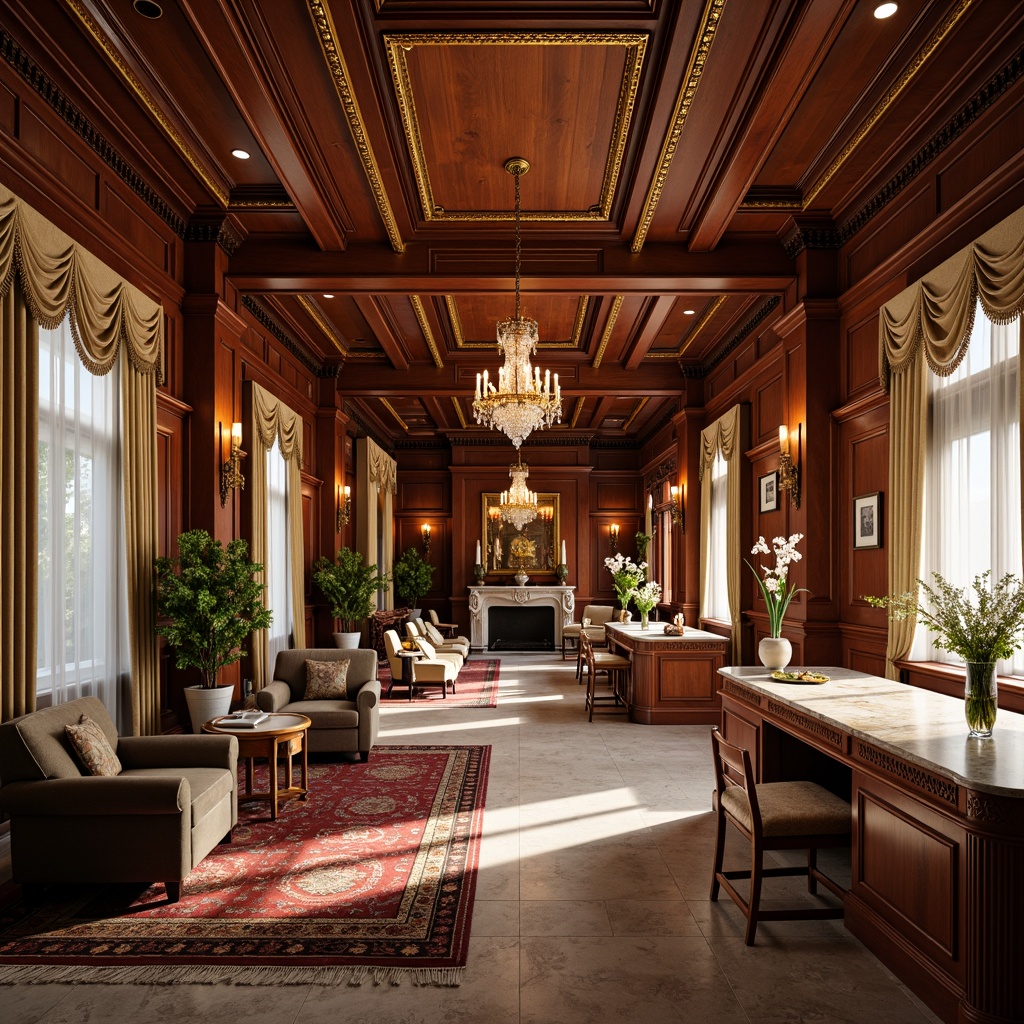 Prompt: Rich wood tones, ornate furnishings, velvet upholstery, golden accents, crystal chandeliers, marble countertops, intricate moldings, soft warm lighting, luxurious fabrics, patterned rugs, classic columns, ornamental ceilings, lavish curtains, sophisticated color palette, 3/4 composition, shallow depth of field, realistic textures, ambient occlusion.