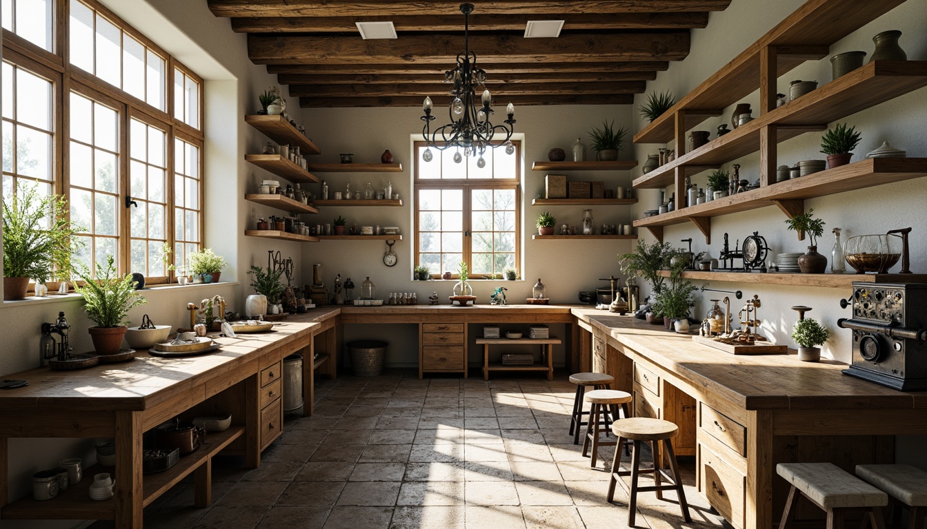 Prompt: Distressed wooden workbenches, vintage laboratory equipment, soft pastel colors, ornate metal fixtures, floral patterned upholstery, rustic wooden shelves, antique scientific instruments, distressed leather stools, elegant chandeliers, natural stone flooring, lace curtains, warm softbox lighting, 1/1 composition, intimate focus, realistic textures, ambient occlusion.