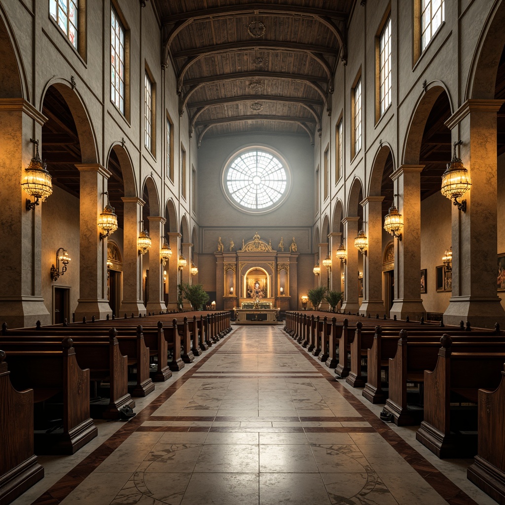 Prompt: Grand cathedral interior, vaulted ceilings, stained glass windows, ornate chandeliers, marble flooring, intricately carved wooden pews, golden altarpieces, dramatic archways, soft warm lighting, atmospheric misting, shallow depth of field, 1/2 composition, symmetrical framing, realistic textures, ambient occlusion.