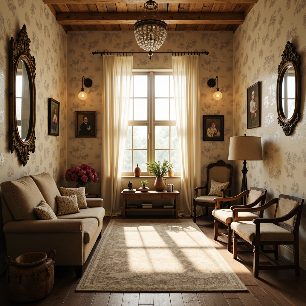 Prompt: Soft warm lighting, distressed wooden furniture, vintage decorative items, pastel-colored walls, floral patterns, lace curtains, rustic metal fixtures, ornate mirrors, crystal chandeliers, candlelight, warm beige tones, soft shadows, shallow depth of field, 1/2 composition, realistic textures, ambient occlusion.