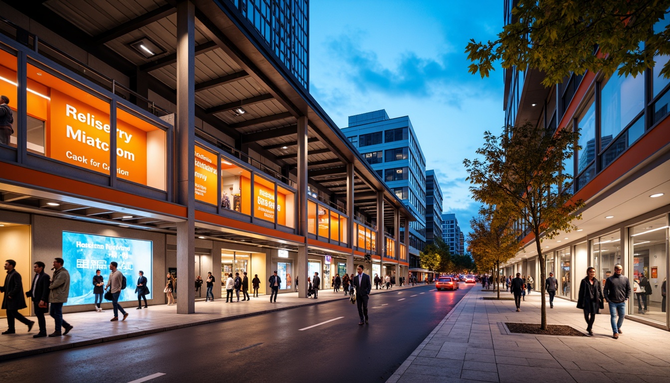 Prompt: Vibrant bus station, modern architecture, bold color scheme, bright signage, illuminated canopies, sleek metal columns, glass roofs, natural stone flooring, urban cityscape, busy streets, crowded platforms, rushing commuters, dynamic lighting effects, 3/4 composition, shallow depth of field, warm and inviting atmosphere, functional layout, intuitive wayfinding system.