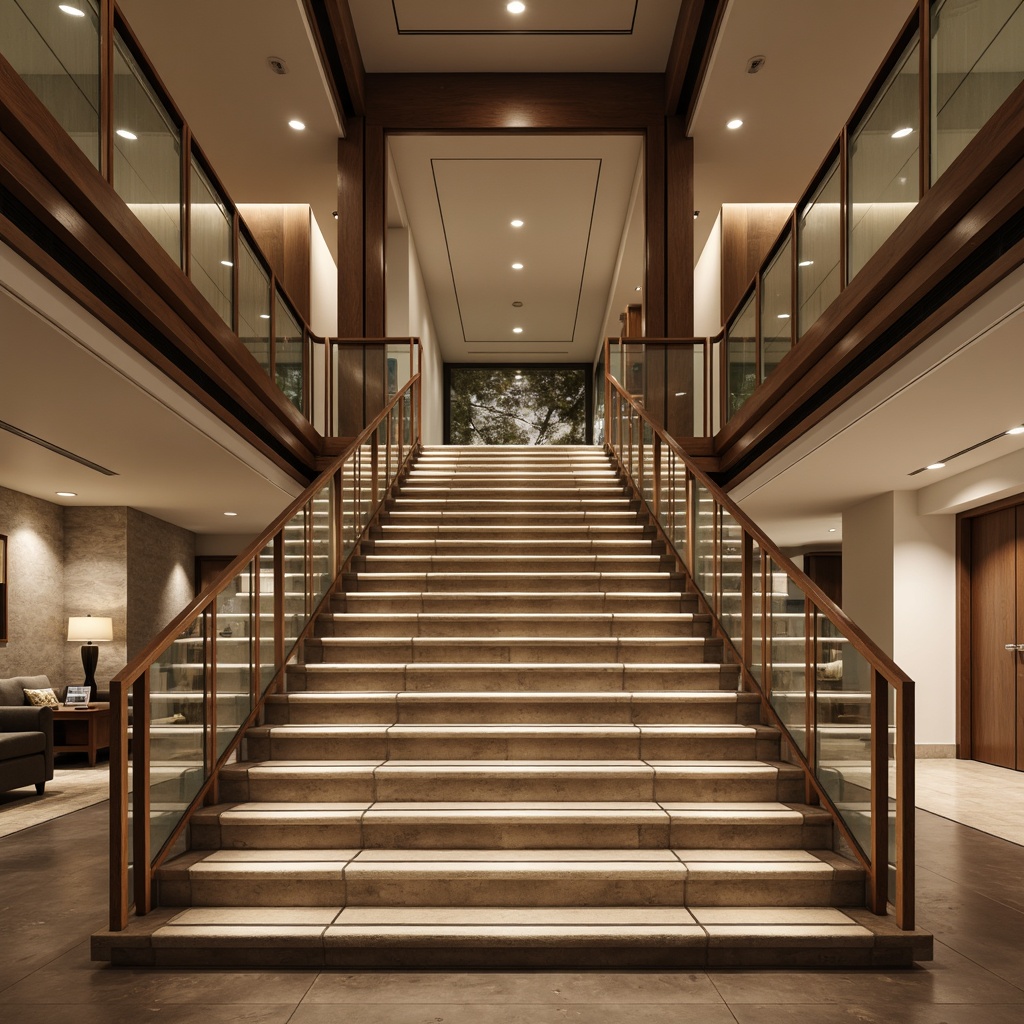 Prompt: Modern staircase, sleek metal railings, minimalist design, LED strip lighting, warm white ambiance, subtle glow, recessed light fixtures, suspended ceiling lights, polished chrome accents, luxurious wood tones, elegant carpet runners, spacious open landings, grand entranceways, dramatic high ceilings, soft diffused lighting, 1/1 composition, realistic reflections, ambient occlusion.