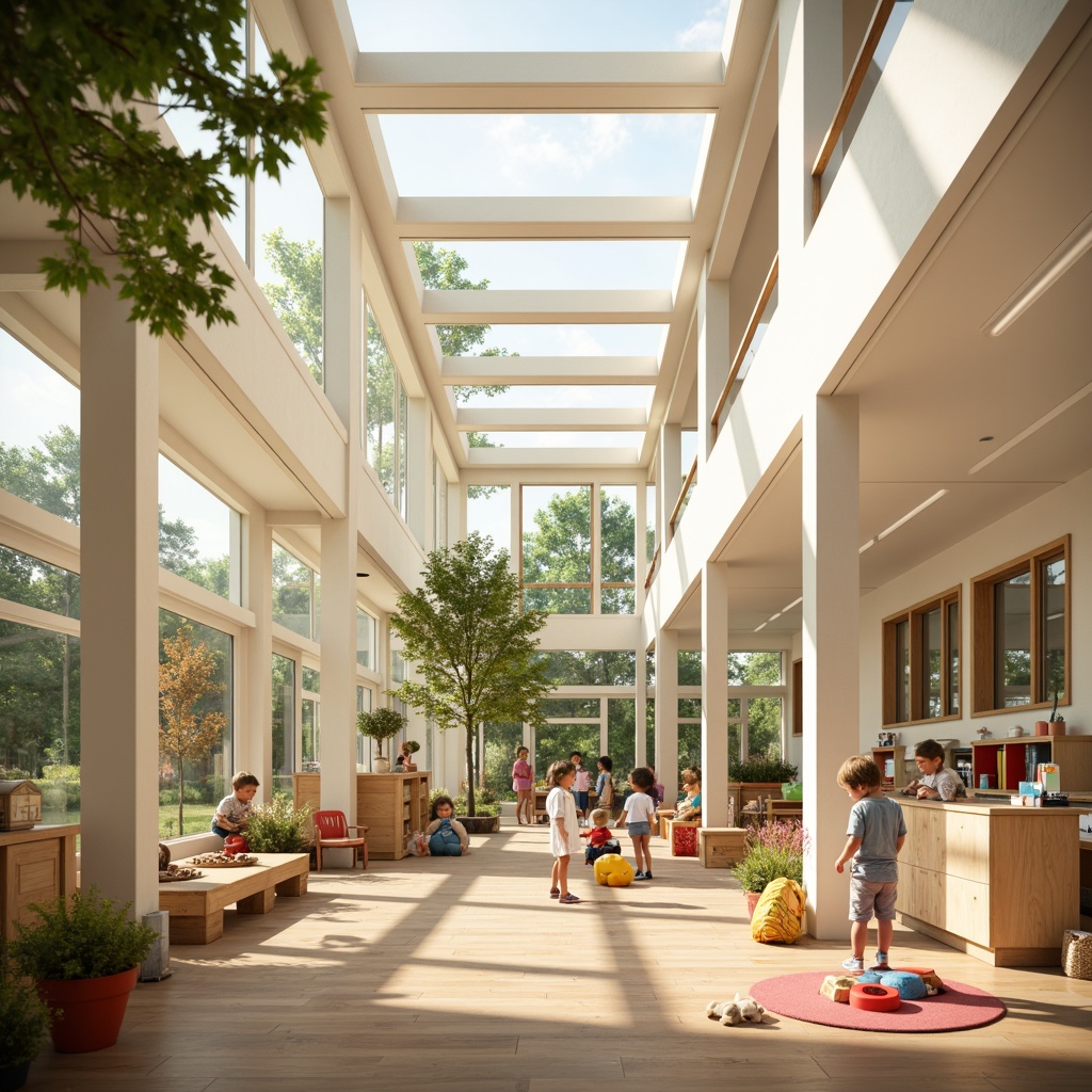 Prompt: Vibrant kindergarten interior, abundant natural light, large windows, skylights, transparent roofs, soft warm lighting, creamy white walls, wooden floors, minimal obstacles, open play areas, colorful educational tools, child-sized furniture, flexible learning spaces, collaborative activity zones, cozy reading nooks, natural materials, earthy color palette, organic shapes, whimsical decorations, gentle color contrasts, harmonious atmosphere, shallow depth of field, 1/1 composition, soft focus effect.