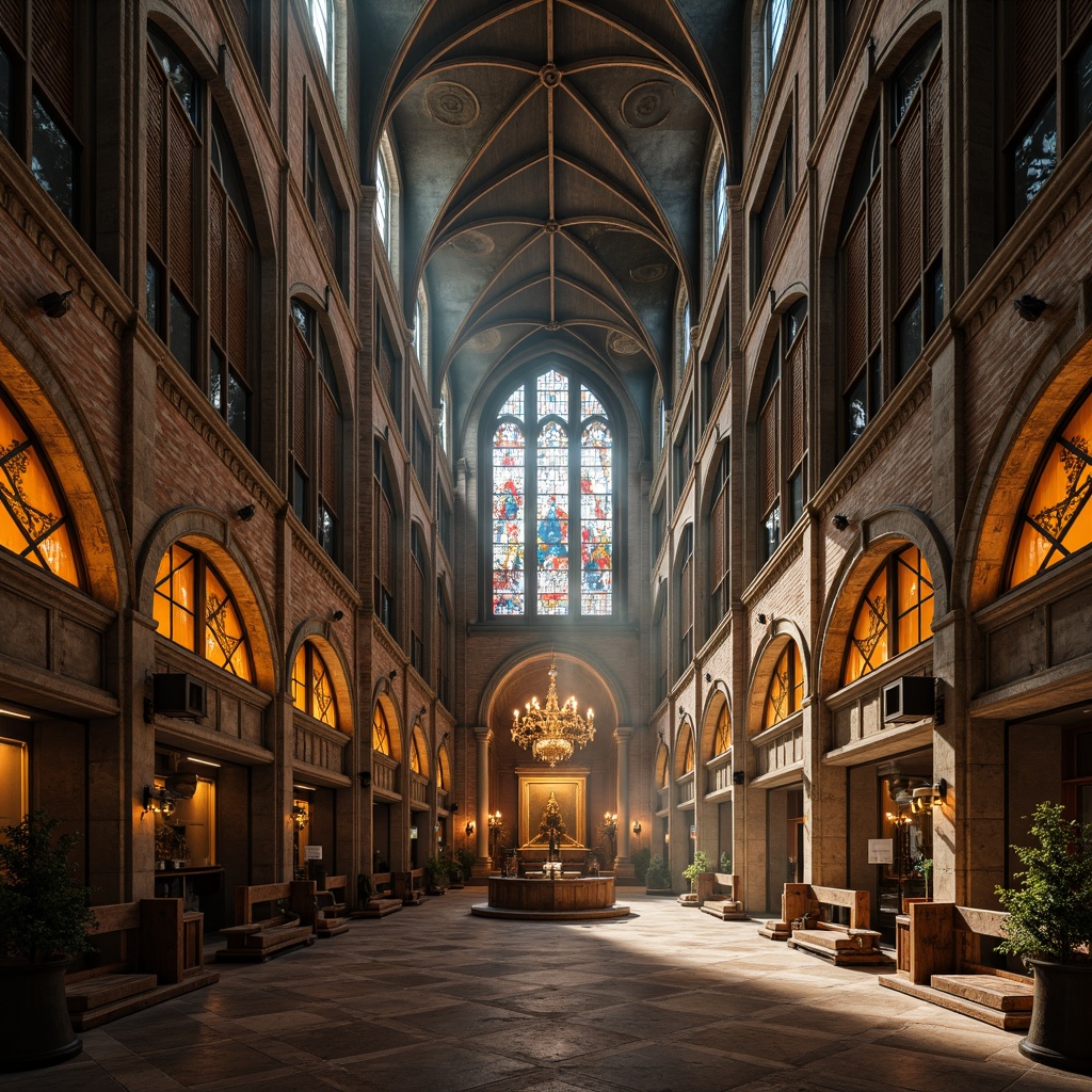 Prompt: Grandiose cathedral, ornate stone carvings, stained glass windows, rustic brick walls, weathered copper roofing, intricate wooden tracery, gilded accents, dramatic vaulted ceilings, mysterious ambiance, warm golden lighting, high contrast ratios, atmospheric fog, cinematic composition, symmetrical framing, rich textures, detailed ornaments.