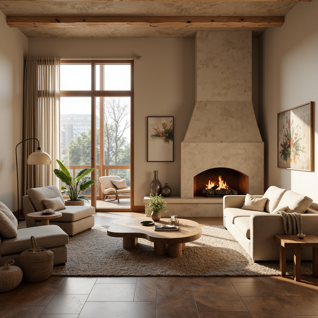 Prompt: Cozy living room, plush sofas, comfortable armchairs, wooden coffee tables, decorative rugs, floor lamps, soft warm lighting, beige walls, large windows, natural textiles, minimalist decor, functional storage units, ergonomic designs, Scandinavian-inspired aesthetics, earthy color palette, organic shapes, inviting atmosphere.