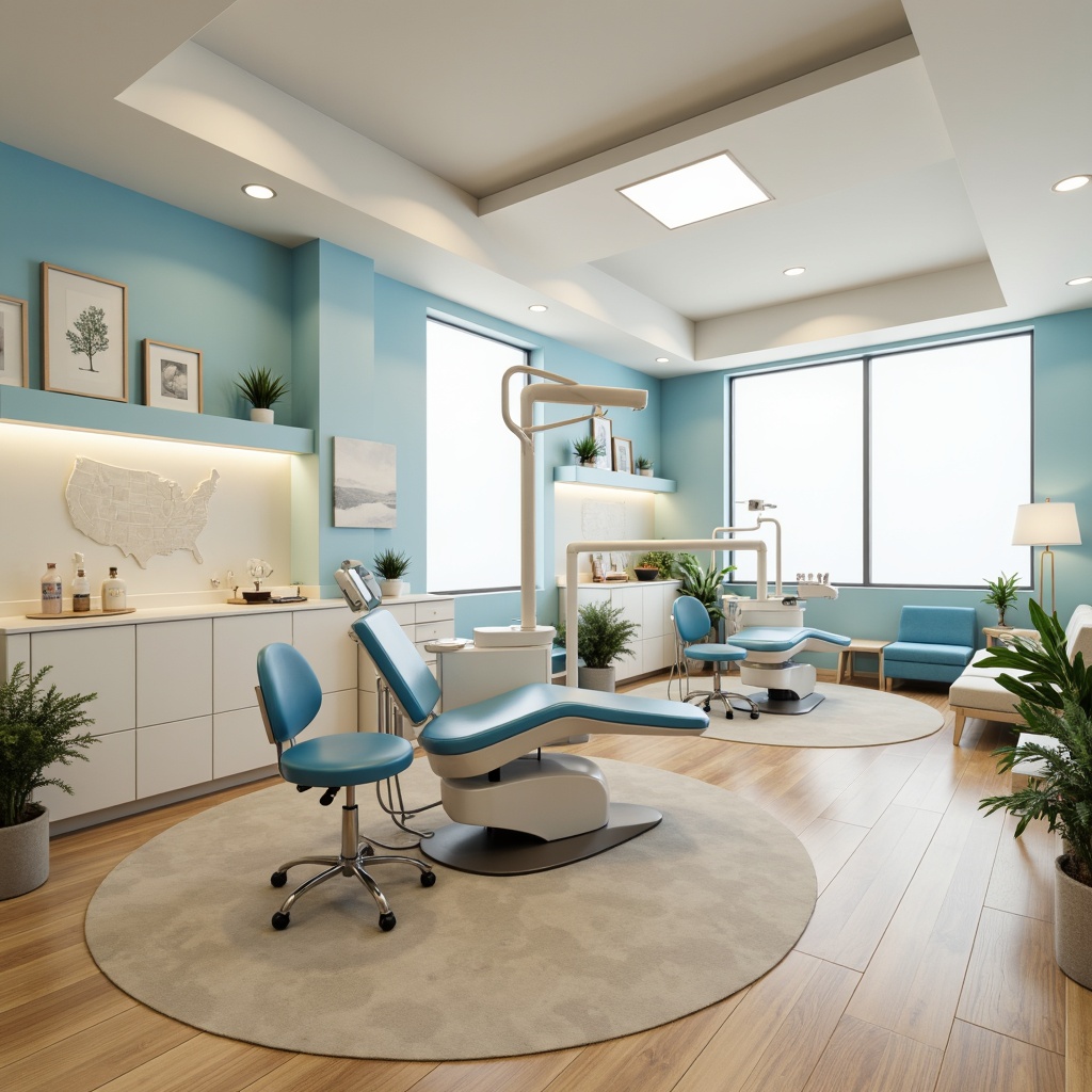 Prompt: Calming dental clinic, soft pastel colors, serene blue accents, creamy white walls, warm beige flooring, natural wood furnishings, minimalist decor, sleek metal equipment, gentle LED lighting, shallow depth of field, 1/1 composition, realistic textures, ambient occlusion.