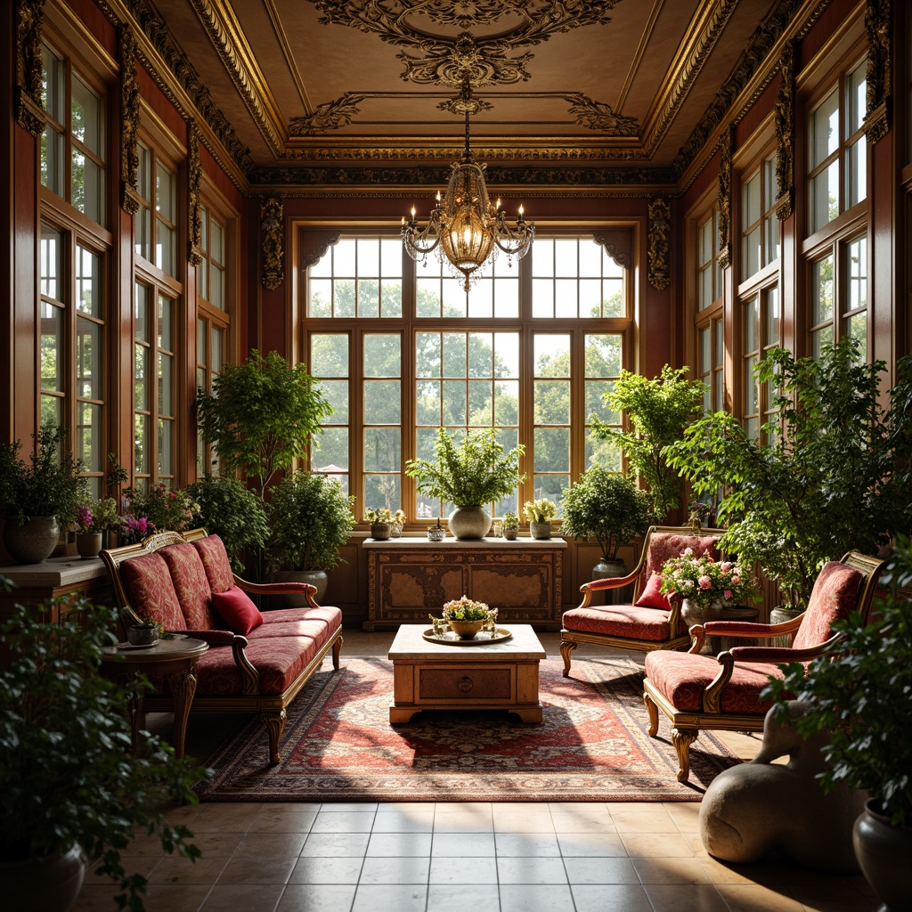 Prompt: Ornate sunroom, lavish furnishings, intricately carved wooden furniture, gilded accents, rich velvet fabrics, ornamental mirrors, crystal chandeliers, marble flooring, intricate stone carvings, lush greenery, overflowing flower arrangements, warm golden lighting, soft focus, 1/1 composition, intimate atmosphere, realistic textures, ambient occlusion.